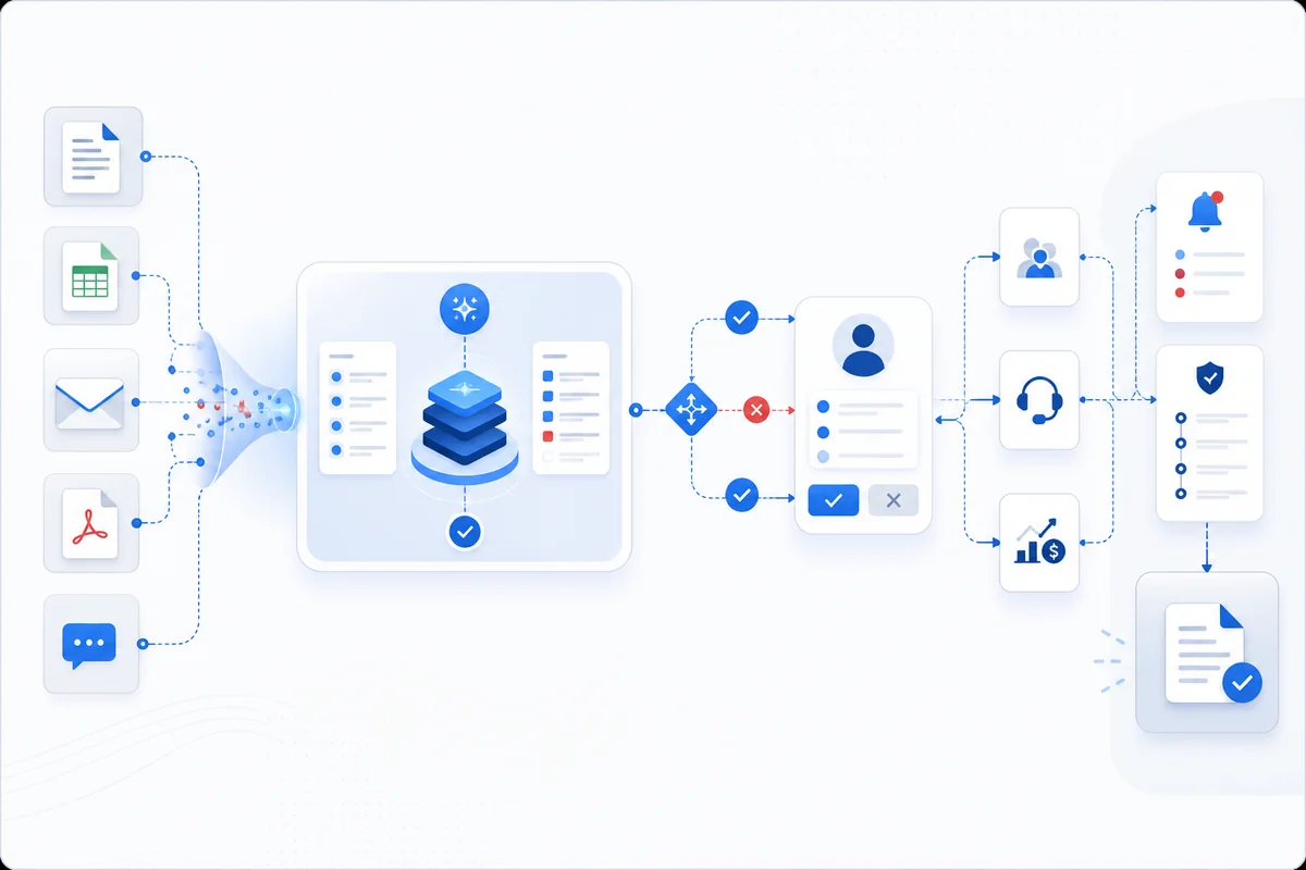 AI workflow connecting documents, approvals, business systems and notifications