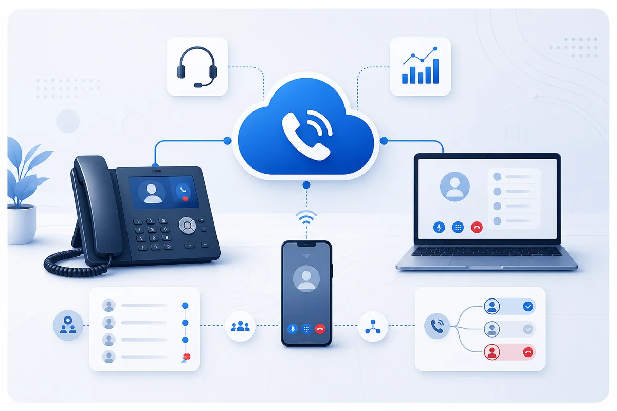 Cloud VoIP connecting desk phones, computers and mobile devices